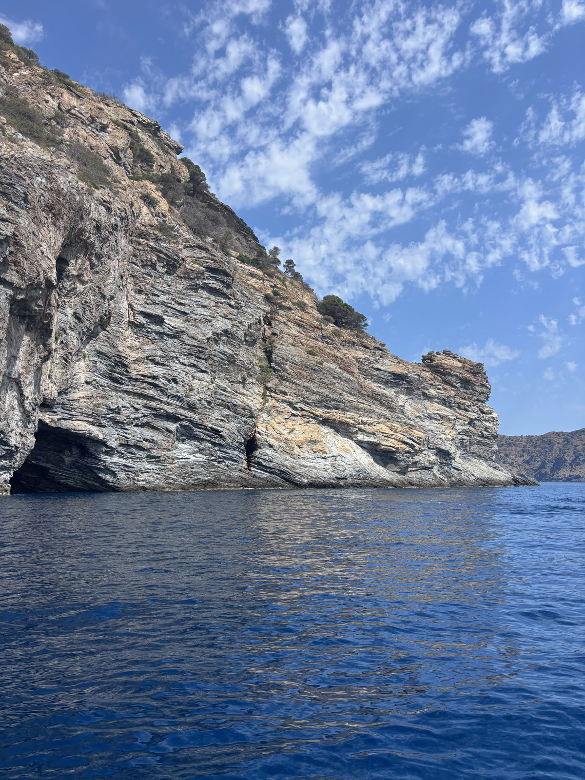 Une falaise de schiste plissé plongeant dans une mer bleu profond, photographiée depuis l'eau, quelques pins accrochés à la crête.